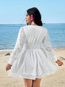 Sunnyshic Plus Size Vrouwen Diepe V-hals Volant Taille Transparante Lange Mouw Mini Kanten Jurk, Geschikt Voor Vakantie En Date