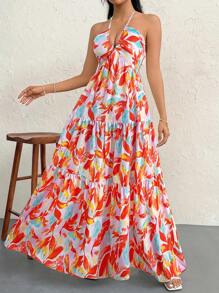 Firerie 女式花卉印花露背 V 领褶皱 A 字裙，适合夏威夷夏季海滩度假，约会/性感/优雅/度假/海滩/浪漫 - 彩色 - 查看 4
