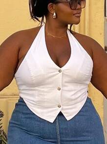 Plus Size Women's Solid Color Single-Breasted Casual Halter Neck Tank Top - White - View 1