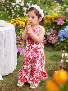 Conjunto de 2 piezas para bebés niñas de verano con estampado floral lindo: chaleco con bajo con volante y pantalones