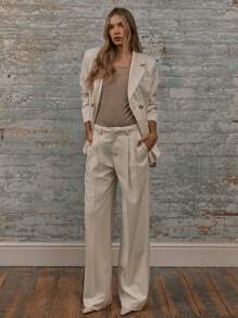 MUSERA 阔腿中腰褶裥修身西裤，带腰带环，尽显老钱优雅气质 - 杏色 - 查看 1