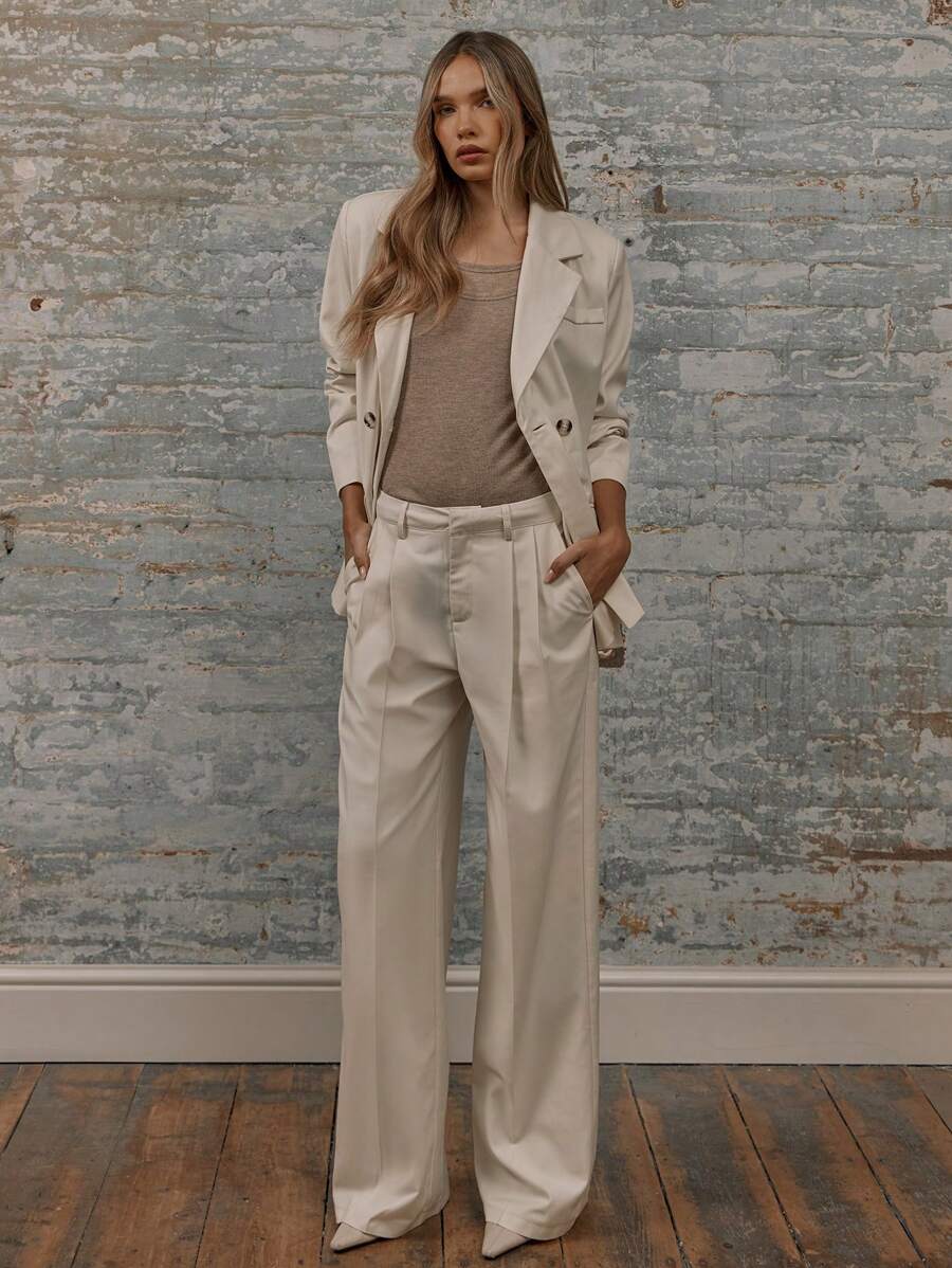 MUSERA 阔腿中腰褶裥修身西裤，带腰带环，尽显老钱优雅气质 - 杏色 - 查看 1