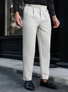 Manfinity Mode Men's Plain Button Pocket Pleated Casual Pants, Basic Everyday Wear - Beige - View 5