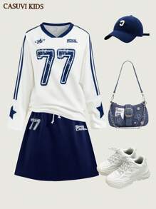 SHEIN Explorewe Set de 2 piezas para adolescentes compuesto por una camiseta de manga larga tipo raglán con estampado de rayas y letras en estilo deportivo americano casual, y una falda mini con cordón ajustable con estampado de rayas, adecuado para primavera/verano - Multicolor - Ver 5