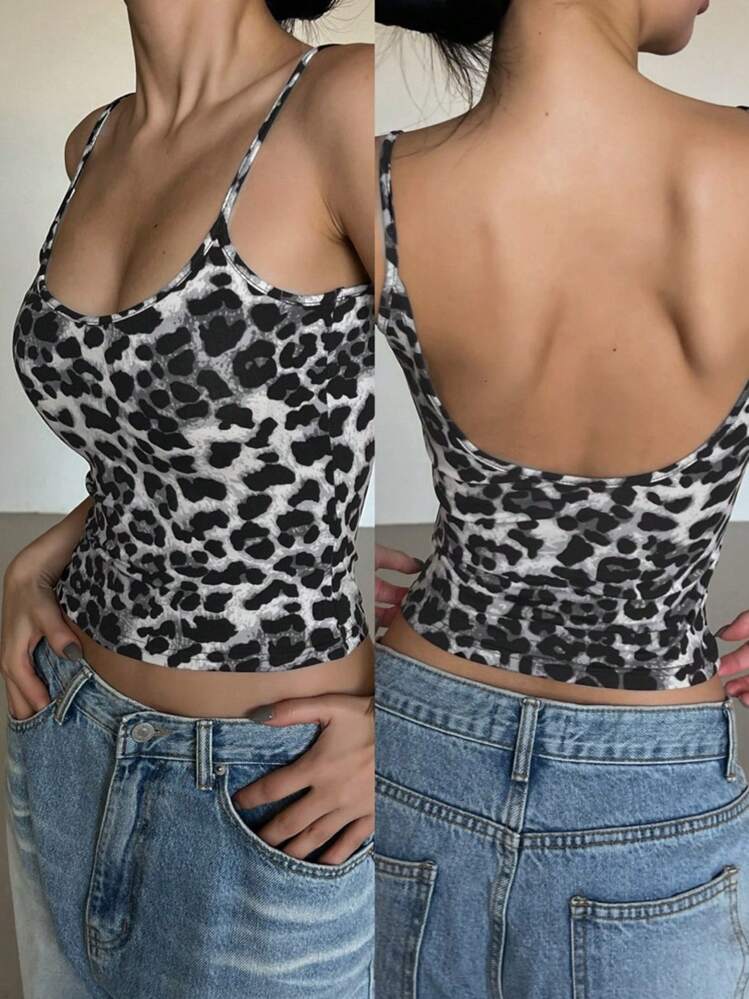 DAZY Women's Fitted Leopard Print Open Back Camisole Top Tank Tops