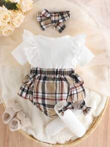 Baby Mädchen Sommer Lässig Süß einfarbig weiß Kurzarm Streifen Patchwork Khaki Karomuster Romper mit Rüschen am Ausschnitt, kombiniert mit Socken und Stirnband