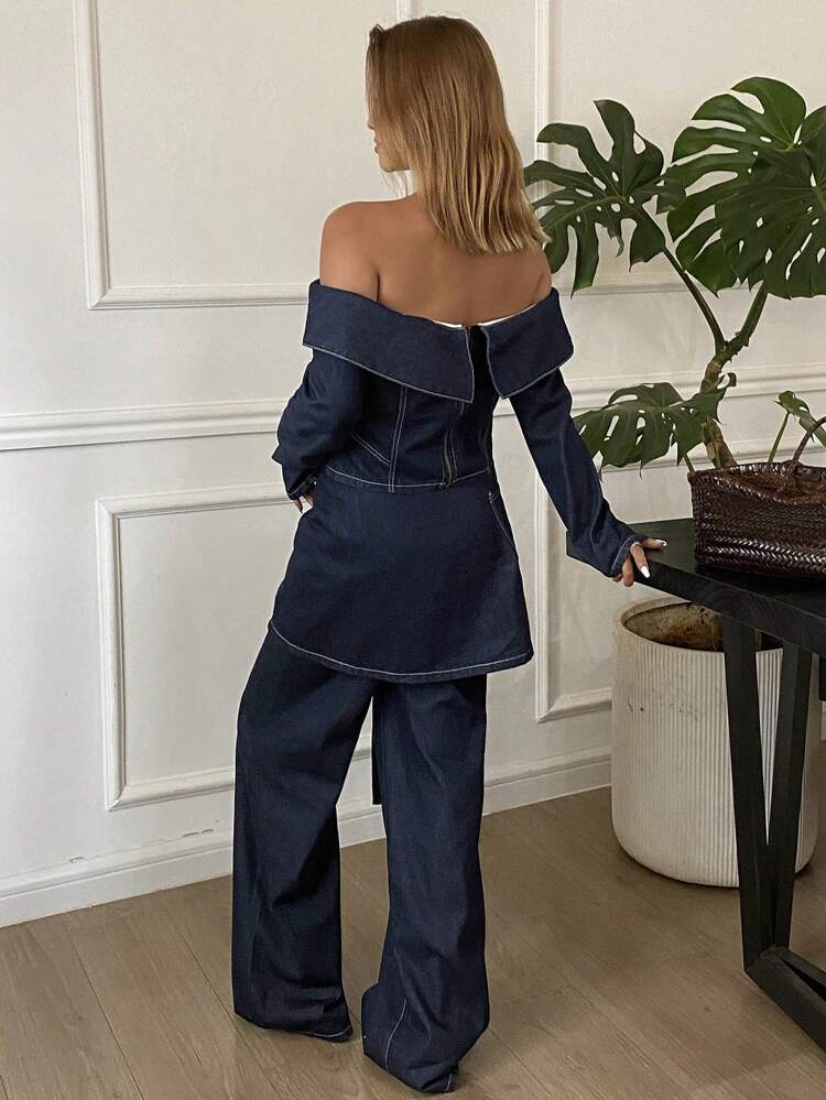 3pcs Solid Color Off Shoulder Blouse, Wide Leg Pants & A-Line Skirt Denim Women Suit Set,Fall Clothes