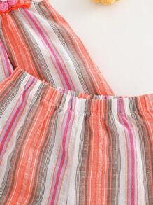 Cozy Pixies 2pcs/Set Baby Girl Colorful Striped Floral Trim Sleeveless Top And Elastic Waist Shorts Set