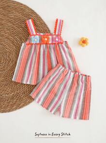 Cozy Pixies 2pcs/Set Baby Girl Colorful Striped Floral Trim Sleeveless Top And Elastic Waist Shorts Set