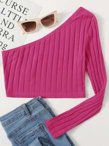 SHEIN EZwear One Shoulder Rib-knit Crop Top - Pink - View 1
