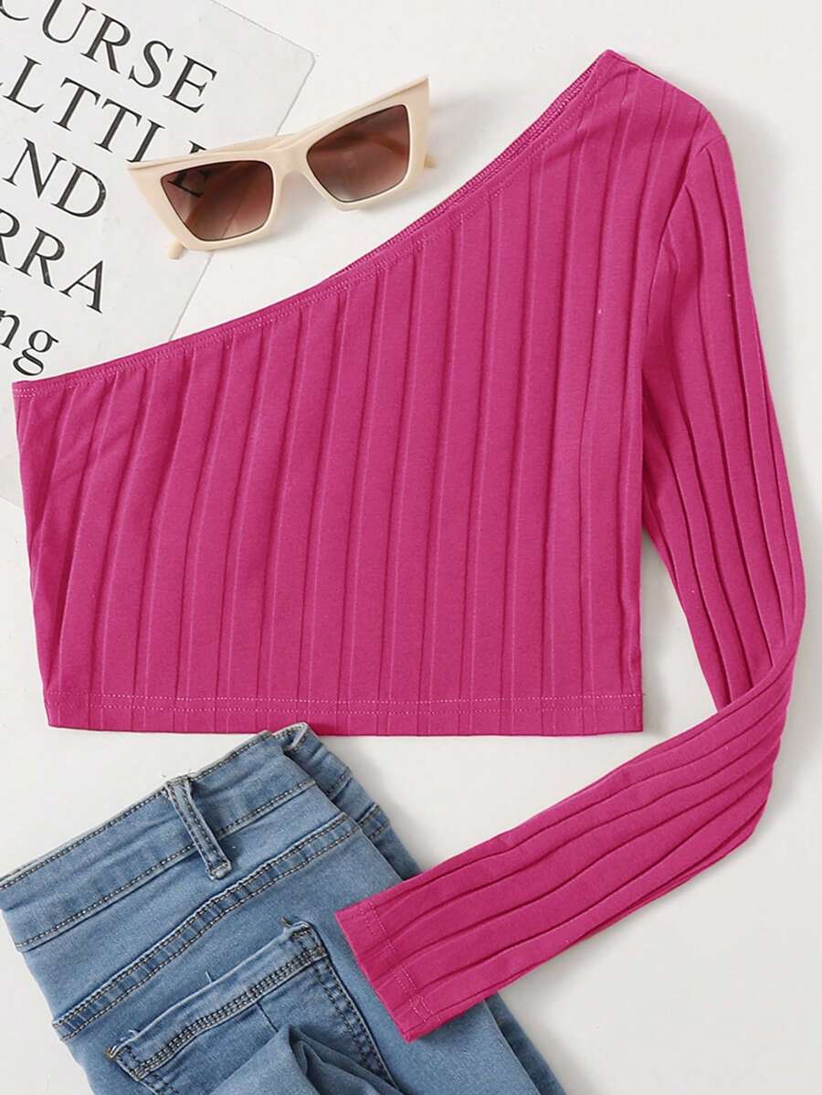 SHEIN EZwear One Shoulder Rib-knit Crop Top - Pink - View 1