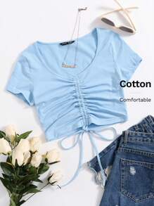 Muchica تي شيرت مكشكش برباط وبلون موحد - أزرق فاتح اللون - مشاهدة 1