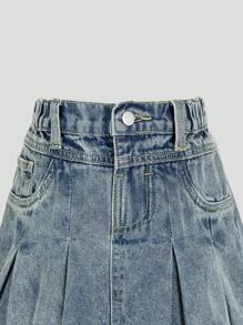 Sparklyn 年轻女孩复古时尚百搭简约褶皱洗水牛仔迷你裙