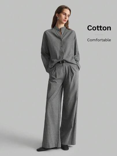 Ontre Women's Ankle Length Gray Striped Pants, High Waist, Comfortable, Versatile, Casual Office Wear, Wide Leg, Draping, Wrinkle Resistant, Essential For Spring/Summer