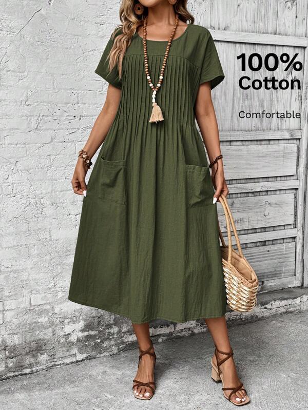 EMERY ROSE Vestido de verano casual con mangas cortas, de bolsillos duales, sencillo, para mujer