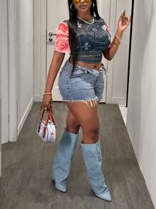 Slaydiva Plus Size Women's Money Print Sheer Mesh Short Sleeve Crop Top - Multicolor - View 7