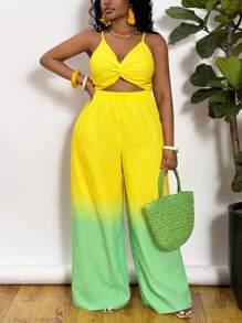 Slaydiva Combinaison / Barboteuse d'été pour femmes, grande taille / tenue occidentale, avec bloc de couleurs, torsion sur la poitrine, jambes larges / baggy, fluide / pantalon palazzo, bretelles fines