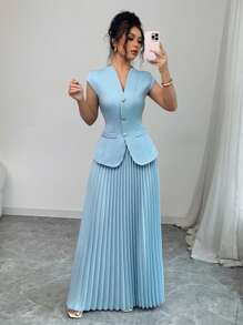 Gloray Set de 2 piezas blusa de mujer de unicolor con botones delanteros elegantes y falda plisada