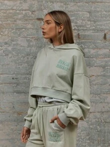 MUSERA Boxy Fit Hip Length Cuff Sleeve Embroidered Detail Hoodie