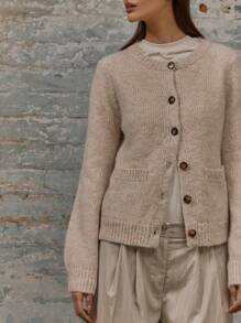 MUSERA Knit Longline Crew Neck Front Pockets Button Up Cardigan