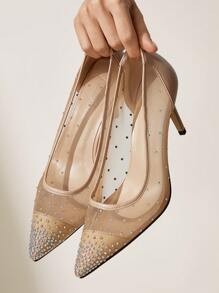 CUCCOO CHICEST Pompe cu toc mijlociu cu decor cu stras cu vârf ascuțit pentru femei, tocuri grațioase acoperite cu plasă transparentă, potrivite pentru nuntă, petrecere, întâlnire la cină, șampanie