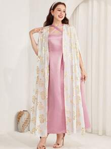 SHEIN Teen Girls Wedding Satin, Vintage, Boho/Luxury, Elegant, Gold White, Hot Stamp, Cover Up, Pink, Cute, Sweet, Dress, 2 Pieces Set