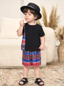 SHEIN 2pcs/Set Baby Boy Summer Casual Geometric Print Short Sleeve Top And Shorts Set, Suitable For Birthday Party, Casual, Party, Performance, Wedding, And 1st Birthday Celebration - Multicolor - View 5