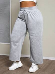 SHEIN PETITE CURVE Calça de moletom plus size cinza primavera sólida com cordão na cintura