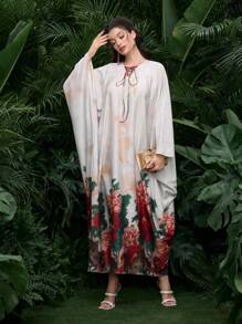 Al Najma 女士宽松数码花卉印花前系带长裙 - 白色 - 查看 6