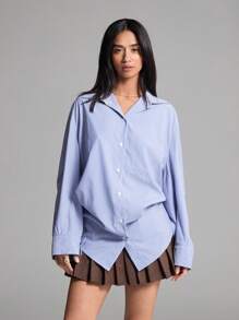 LYSMO 女士条纹落肩长袖单排扣口袋衬衫