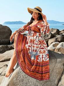 SHEIN Clasi Plus Size Women Palm Tree Print Casual Maxi Dress For Resort Fall Cloth For Women - Multicolor - View 5