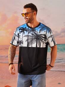 EASEVO Plus Size Men's Loose Street Style Coconut Tree Print Black T-Shirt, Summer - Multicolor - View 3