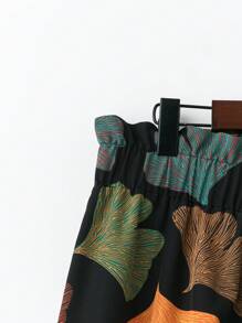 EMERY ROSE Plus Size Women Valentine's Day Woven Contrast Color Ginkgo Leaf Print Regular Spring/Summer Resort Wide Leg Pants Cooling Stress Relief Evening Long Gown Elegant Fashion Women Lounge Summer For Women St. Patrick's Day Rave Festival Spring Break St. Patrick's Boho Fall Cloth For Women - Multicolor - View 5