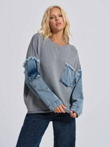 CasuGlow Casual Streetwear Grey Sweatshirt With Denim Patchwork Sleeves And Pocket Detail Everyday Night Out Autumn - Grey - View 5
