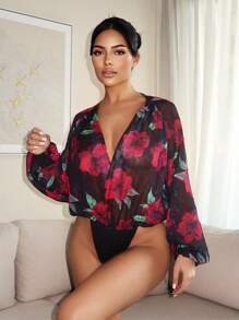 SHEIN SXY 女式长袖花卉印花休闲连体裤，简约合身，花卉图案，黑色紧身衣，女士度假装，女士夏季装，节日，情人节，春季，女士夏季装， - 黑色 - 查看 2