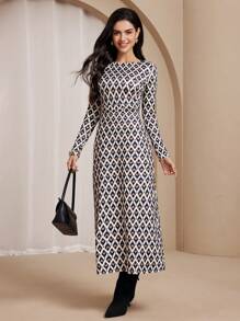 Chiquease Elegant Women Geometric Print Round Neck Long Sleeve Knitted Sweater Dress Maxi Women Outfit
