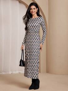 Chiquease Elegant Women Geometric Print Round Neck Long Sleeve Knitted Sweater Dress Maxi Women Outfit