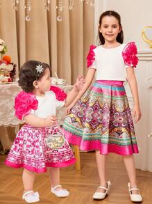 SHEIN Babygirl 花卉图案无袖上衣和迷你裙套装，夏季度假装 - 玫紅色 - 查看 1