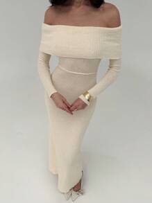 Aloruh Minimalist Apricot Off Shoulder Long Sleeve Bodycon Maxi Spring Sweater Dress For Women - Apricot - View 7
