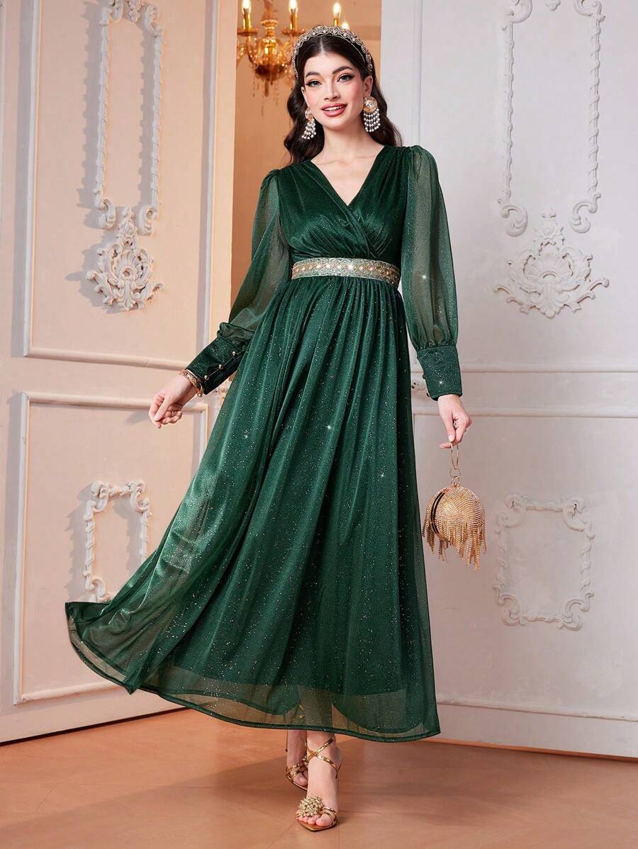 Modelyn Women's Elegant Luxury Spliced Soft & Glossy Waist Detail Dress