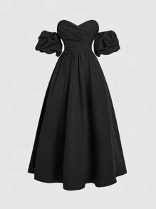 SHEIN MOD Đầm dài hở lưng màu đen cỡ lớn có tay áo mây, viền xòe, váy dự tiệc trang trọng - màu đen - Xem 1