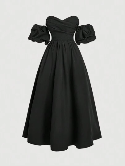 SHEIN MOD 大码黑色露肩长裙，云袖摆下摆，正式派对礼服