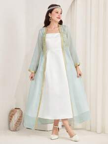 SHEIN 少女优雅浅绿色缎面吊带裙和欧根纱长外套两件套，开斋节长假休闲装 - 薄荷綠 - 查看 7