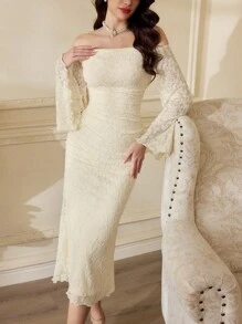 Vintamour Váy trễ vai phối ren hoa dệt kim jacquard cổ điển thanh lịch dành cho nữ, trang phục dự tiệc thường ngày mùa hè dành cho nữ, trang phục đi nghỉ, váy trắng dành cho nữ, váy mùa hè dành cho nữ, váy trắng dành cho nữ, váy dạ hội, váy sinh nhật dành cho nữ, váy dự tiệc cưới, váy mùa xuân dành cho nữ, quần áo mùa hè, trang phục mùa xuân dành cho nữ, váy phục sinh dành cho nữ, trang phục sinh nhật dành cho nữ, váy cưới, kỳ nghỉ xuân - Màu be - Xem 6