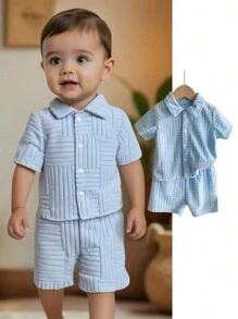 Baby Boys 2 Pieces Set Blue Textured Fabric Shirt & Short Outfit Clothes, Suitable For Babies To Wear On All Occasions In Summer, Textured Fabric For Quality Feel