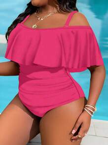Slaydiva Plus Size Women's Solid Color Vacation Ruffled Cold Shoulder One Piece Swimsuit, For Summer Beach - Hot Pink - View 6