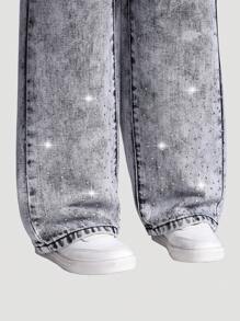 SHEIN Young Girl' Grey Denim Rhinestone Embellished Wide-Leg Jeans - Grey - View 4