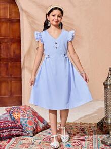 Tween Girl Casual Elegant Cute Everyday Versatile Dress, Suitable For Outings - Blue and White - View 6