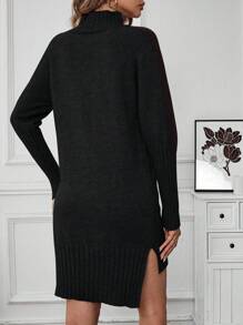 SHEIN LUNE 2024 Autumn/Winter New Women's High Neck Pullover Thick Mid-Length Sweater Dress, Fitted Waist, Slit, Loose, Versatile