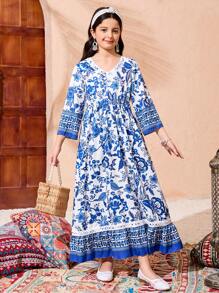 Girl's Blue Floral Print White V-Neck Ruffle Hem Splicing Lace Decor Dress - Multicolor - View 5